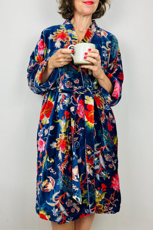 Velvet Kimono Robe | Womens Cotton Lined Dressing Gown | Velour House Coat | Luxury Loungewear For Her | Navy Blue Evening Jacket | Handmade