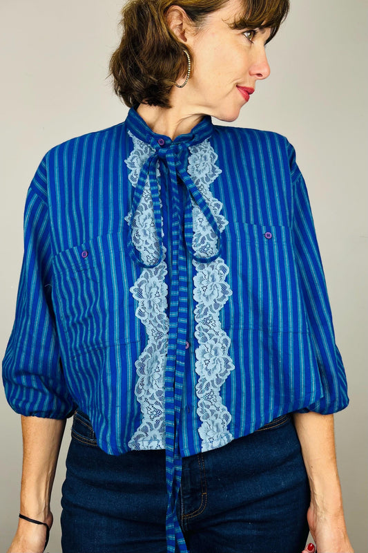Handmade Reworked Vintage Top: Upcycled Designer Shirt | Womens Remade Shirt | Lace Top With Bows | Blue Blouse Workwear | Sustainable