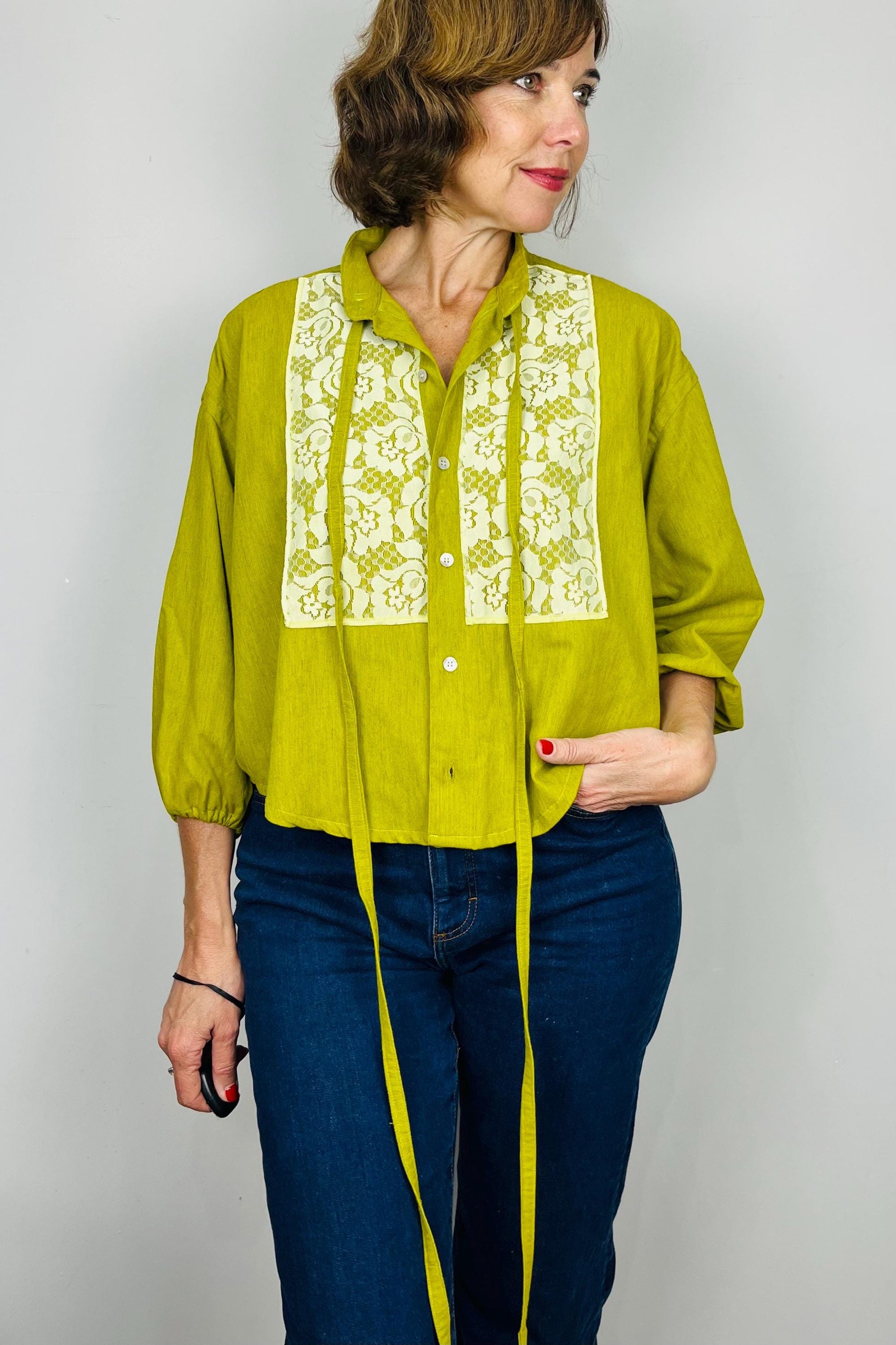 Reworked Vintage Blouse: Handmade Lace Bow Top, Sustainable Fashion