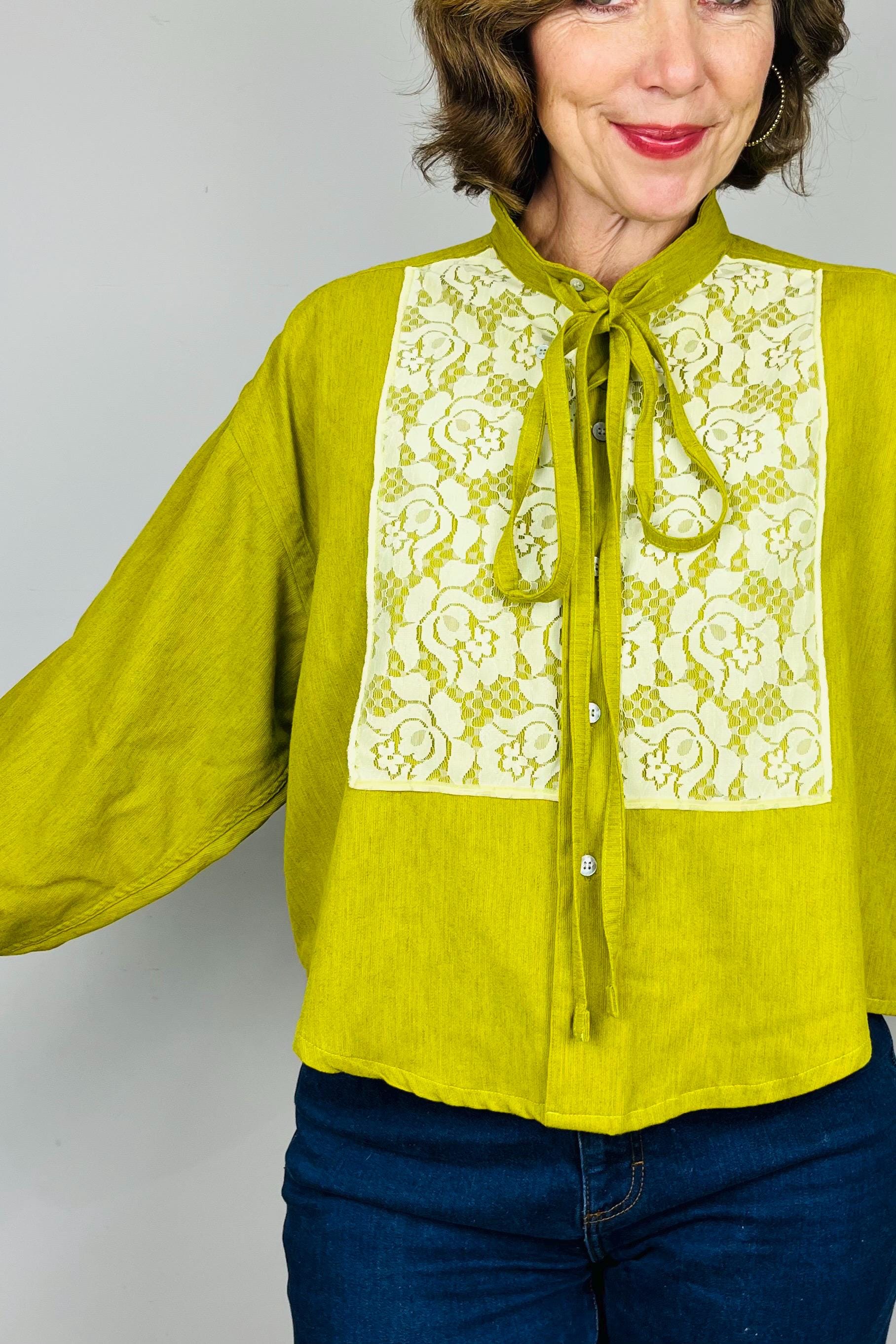Reworked Vintage Blouse: Handmade Lace Bow Top, Sustainable Fashion