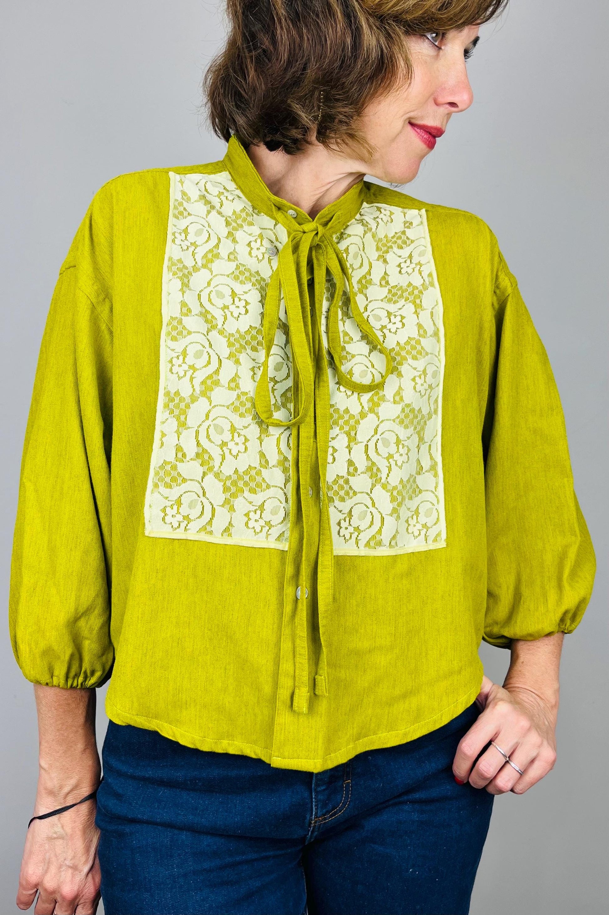 Reworked Vintage Blouse: Handmade Lace Bow Top, Sustainable Fashion