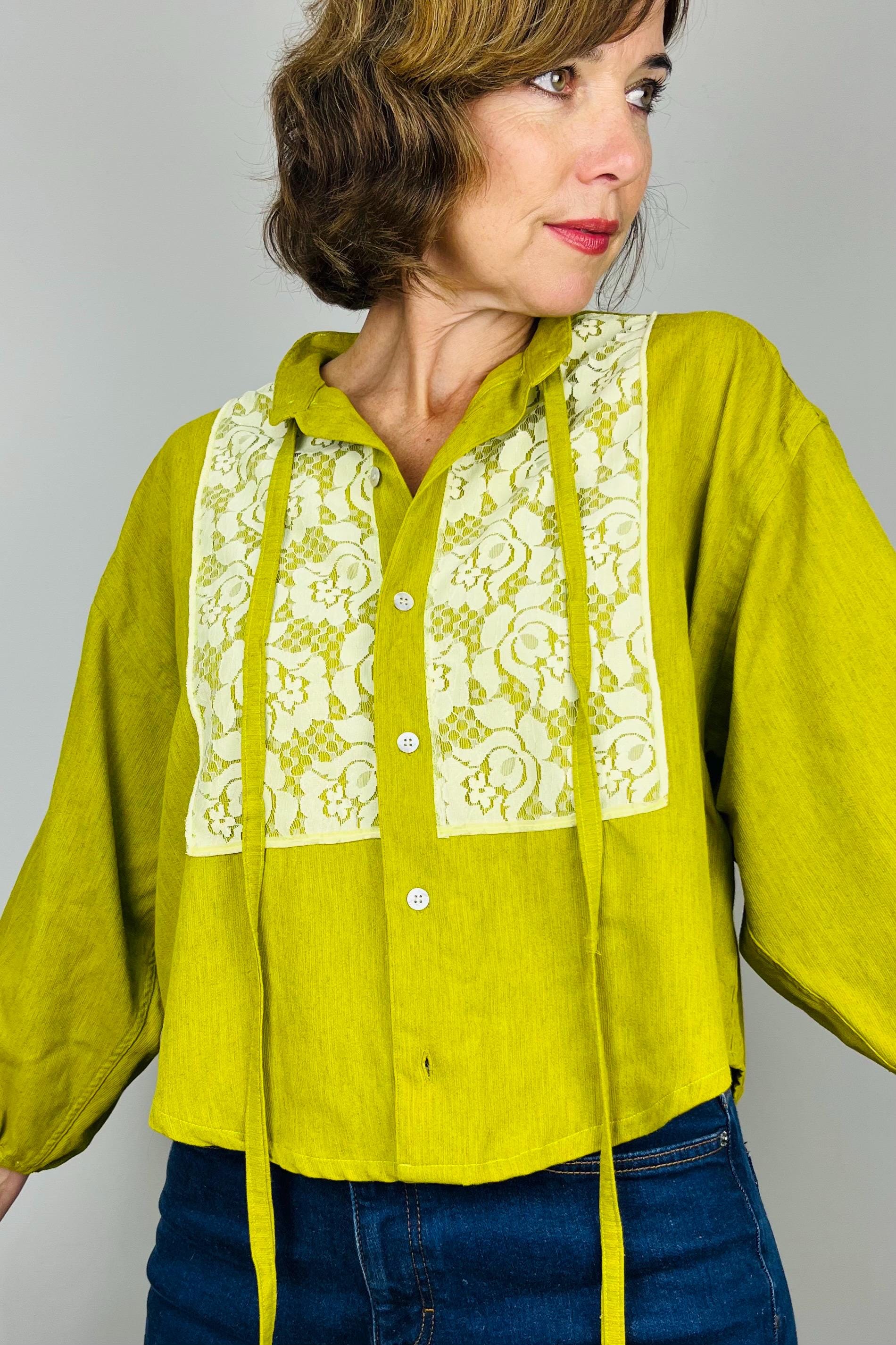 Reworked Vintage Blouse: Handmade Lace Bow Top, Sustainable Fashion