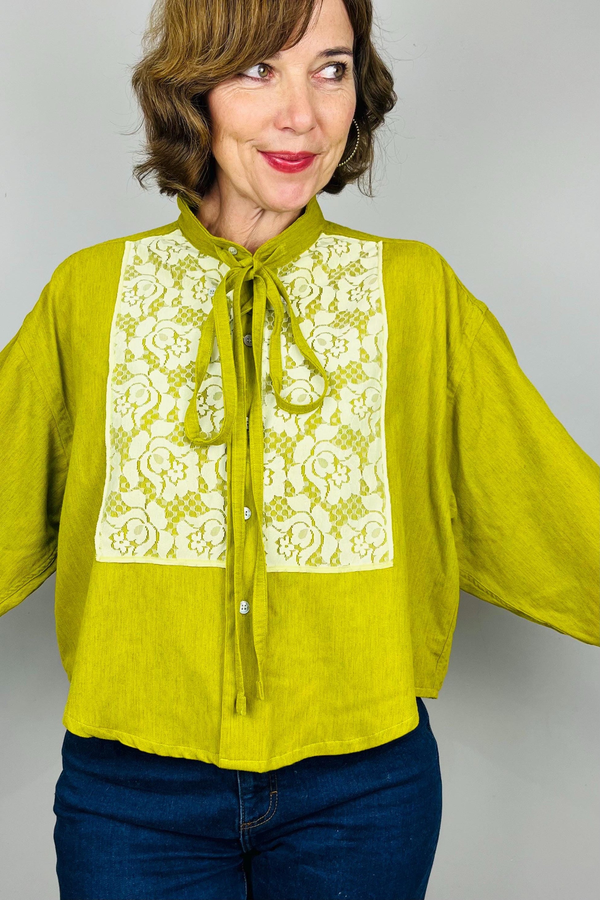 Reworked Vintage Blouse: Handmade Lace Bow Top, Sustainable Fashion