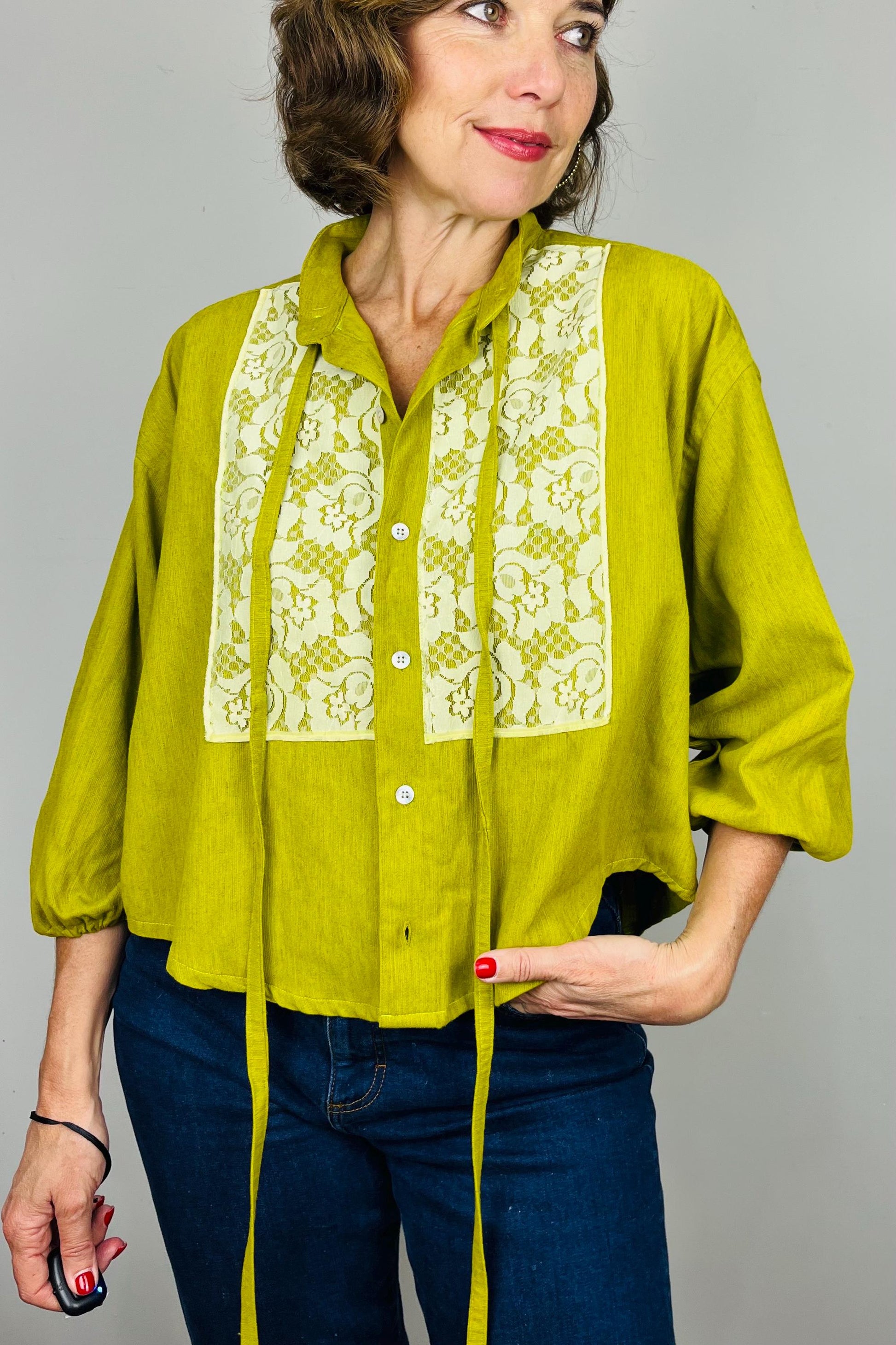 Reworked Vintage Blouse: Handmade Lace Bow Top, Sustainable Fashion