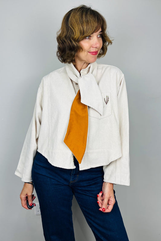 Handmade Womens Jacket | Vintage Fabric Redesigned Shacket | Upcycled Designer Rework | Corduroy Shirt | Cream