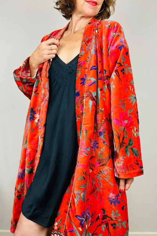 Velvet Kimono Robe | Womens Cotton Lined Dressing Gown | Velour House Coat | Luxury Loungewear For Her | Orange Evening Jacket | Handmade