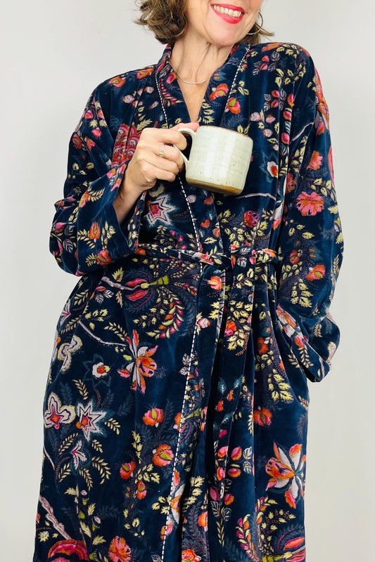 Velvet Kimono Robe | Womens Cotton Lined Dressing Gown | Velour House Coat | Luxury Loungewear For Her | Navy Blue Evening Jacket | Handmade