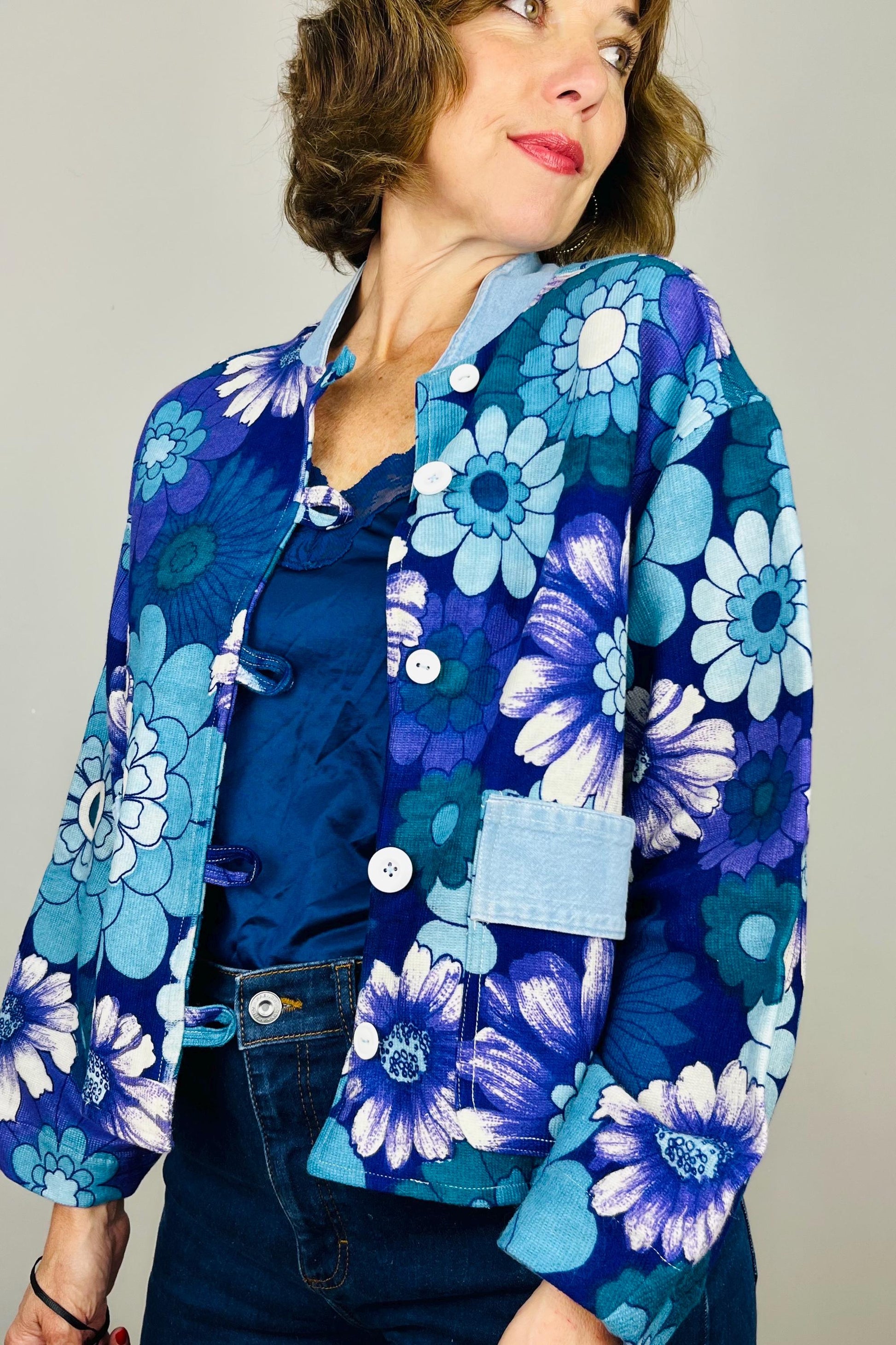 Handmade Womens Jacket | Vintage Fabric Redesigned Shacket | Upcycled Designer Rework | Unique 60’s Style | Flower Power Top