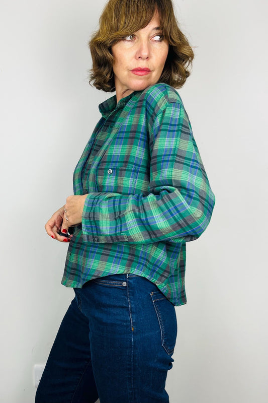 Handmade Reworked Vintage Top: Upcycled Designer Shirt | Womens Remade Shirt | Tartan Traitors Top | Womens Plaid Workwear | Green