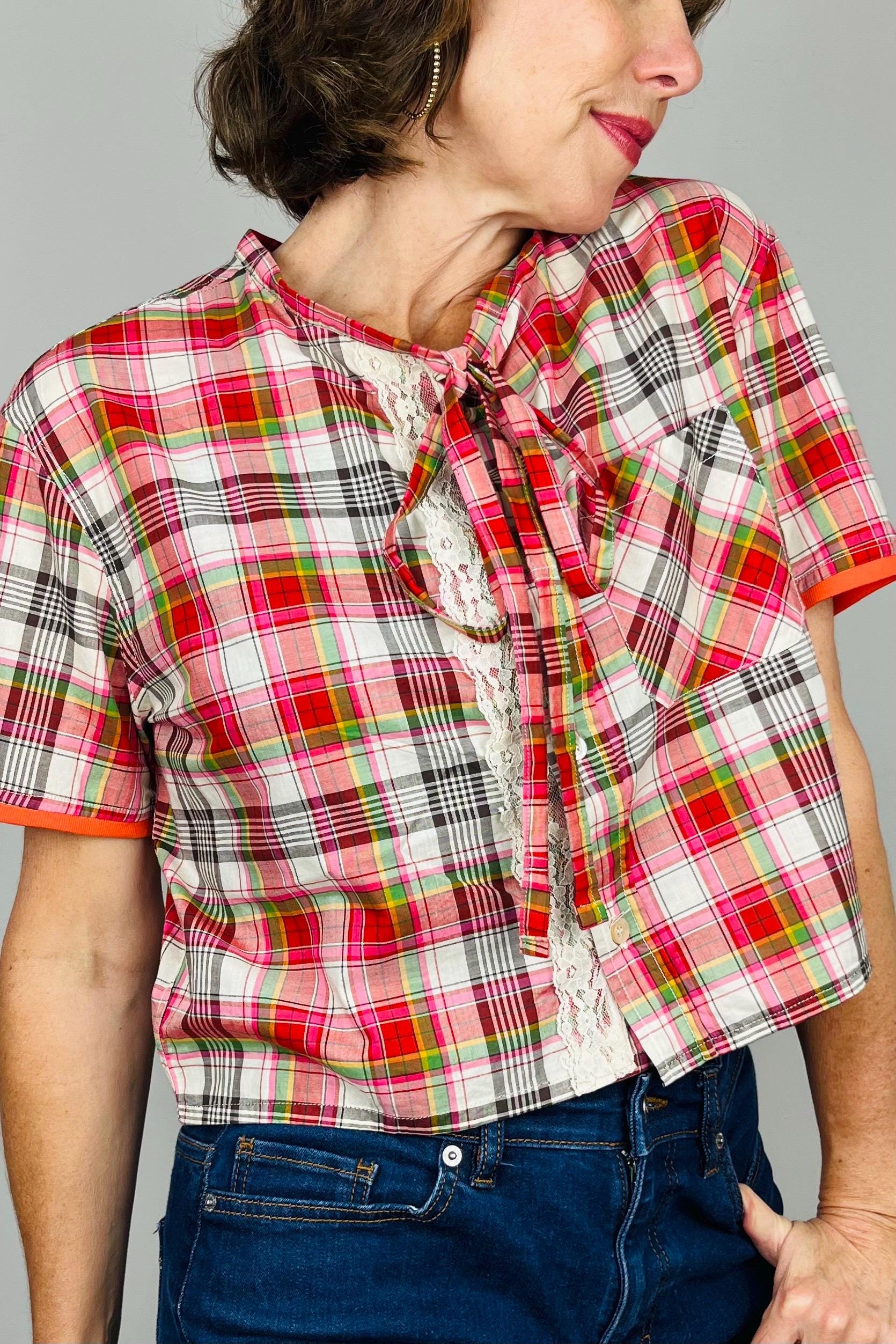 Handmade Reworked Vintage Top | Upcycled Designer Shirt | Womens Remade Shirt | Lace Top With Bows | Blue Blouse Workwear | Sustainable Top