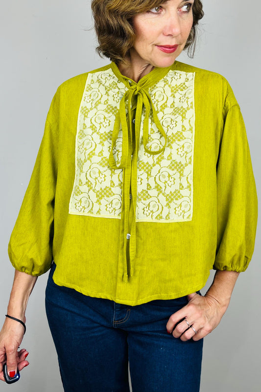 Reworked Vintage Blouse: Handmade Lace Bow Top, Sustainable Fashion