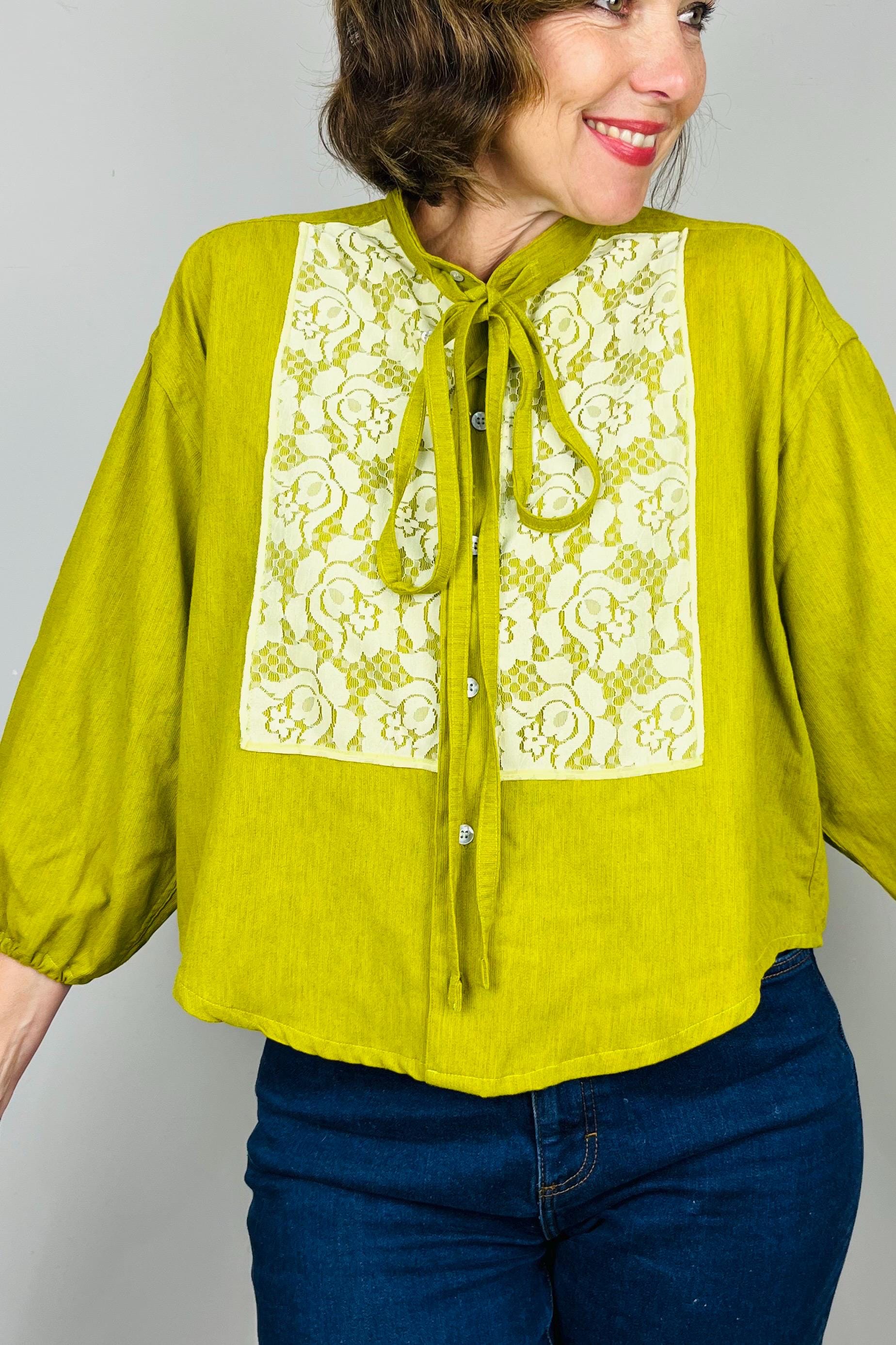 Reworked Vintage Blouse: Handmade Lace Bow Top, Sustainable Fashion