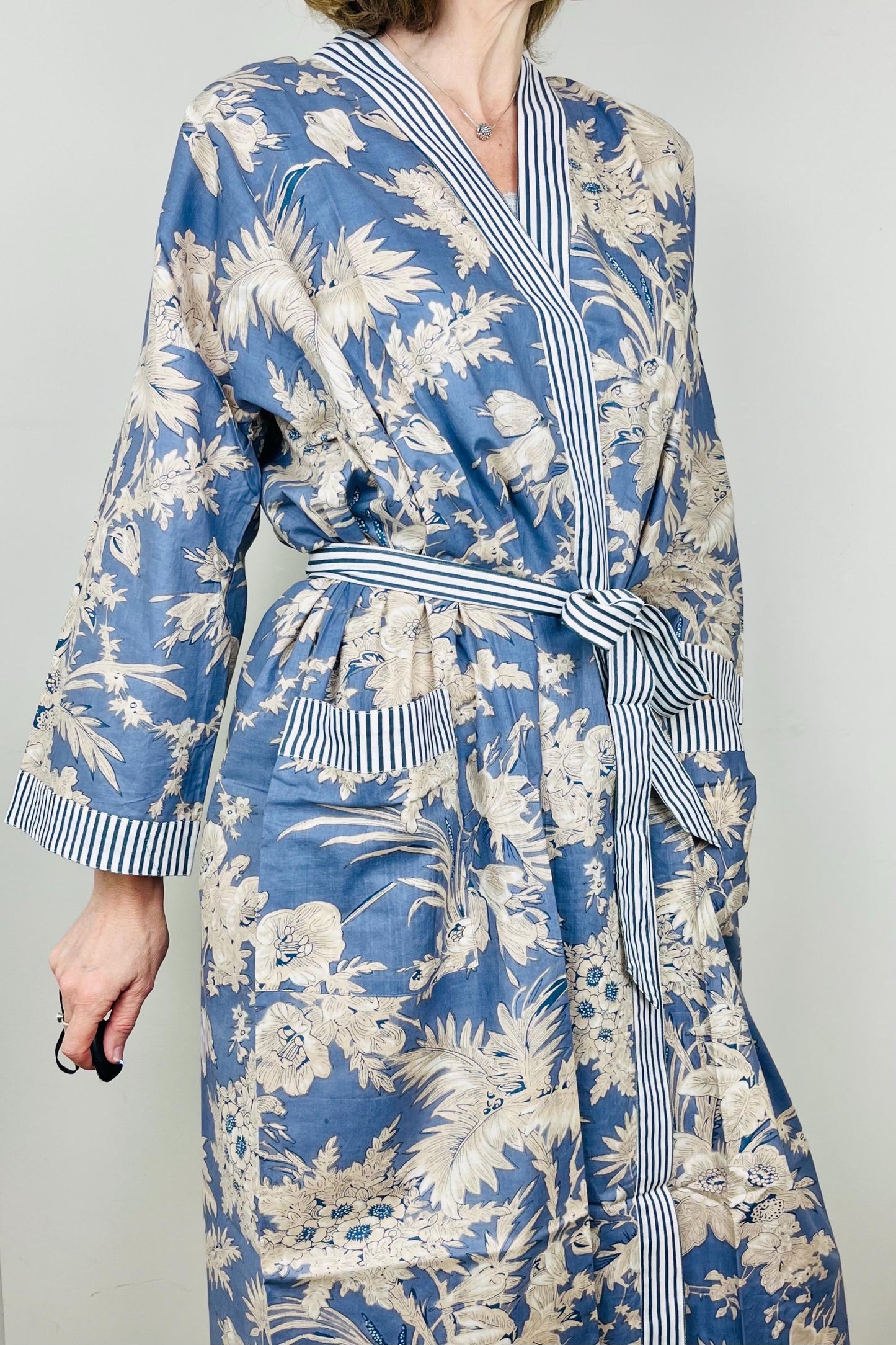 Cotton Kimono Robe | Plus Size Dressing Gown | Women's Loungewear | Beach Cover Up | Wedding Party Bridal Gift | Handmade For Her | Blue