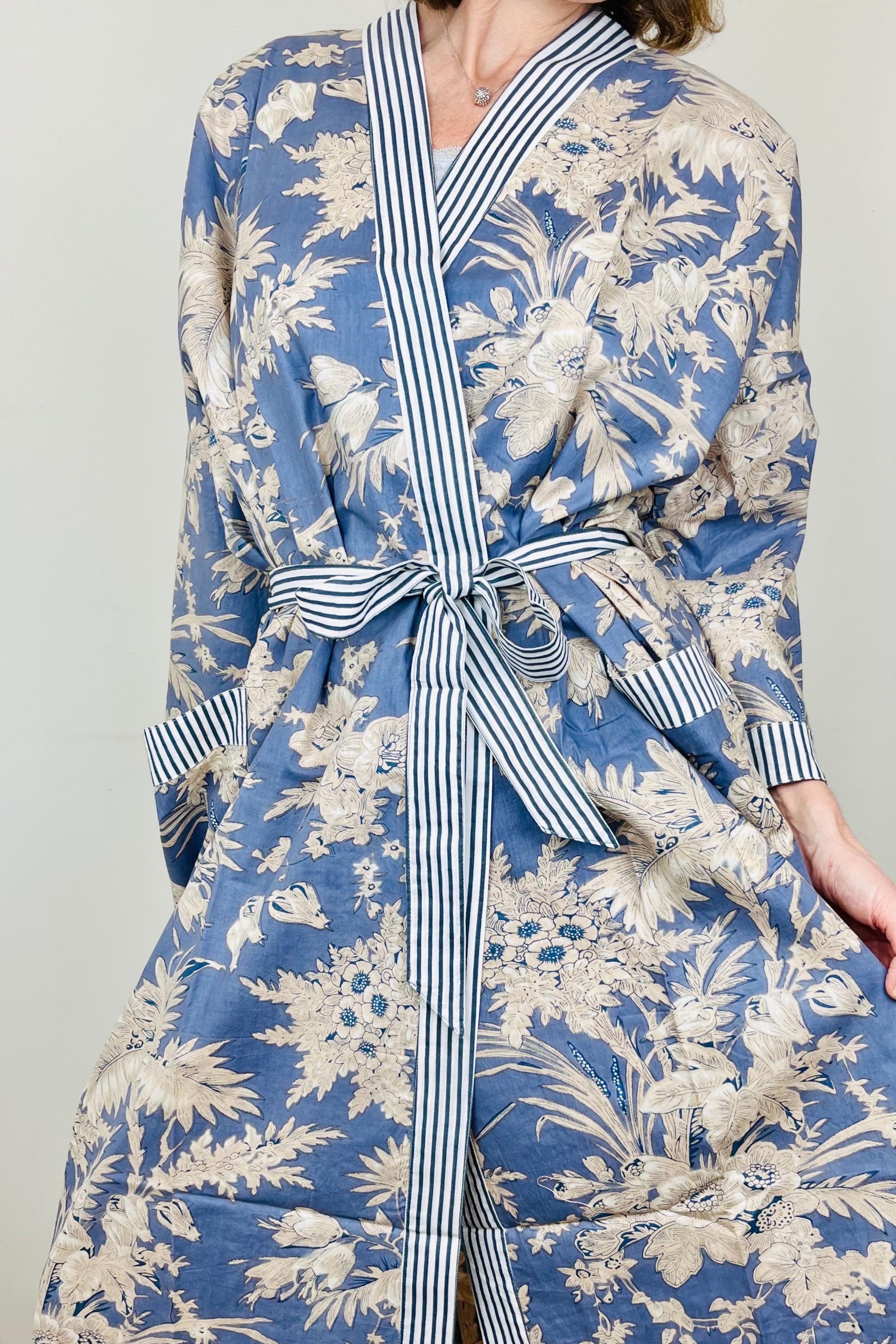 Cotton Kimono Robe | Plus Size Dressing Gown | Women's Loungewear | Beach Cover Up | Wedding Party Bridal Gift | Handmade For Her | Blue