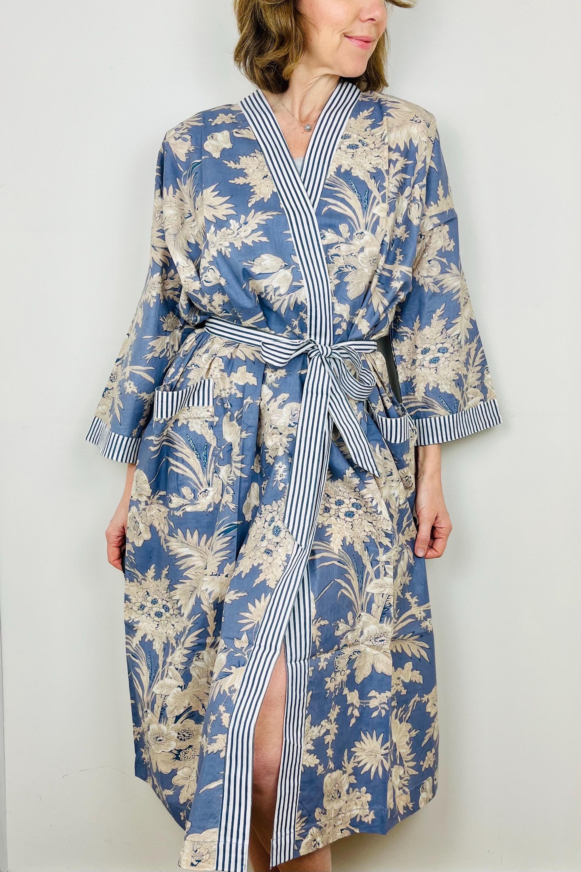 Cotton Kimono Robe | Plus Size Dressing Gown | Women's Loungewear | Beach Cover Up | Wedding Party Bridal Gift | Handmade For Her | Blue