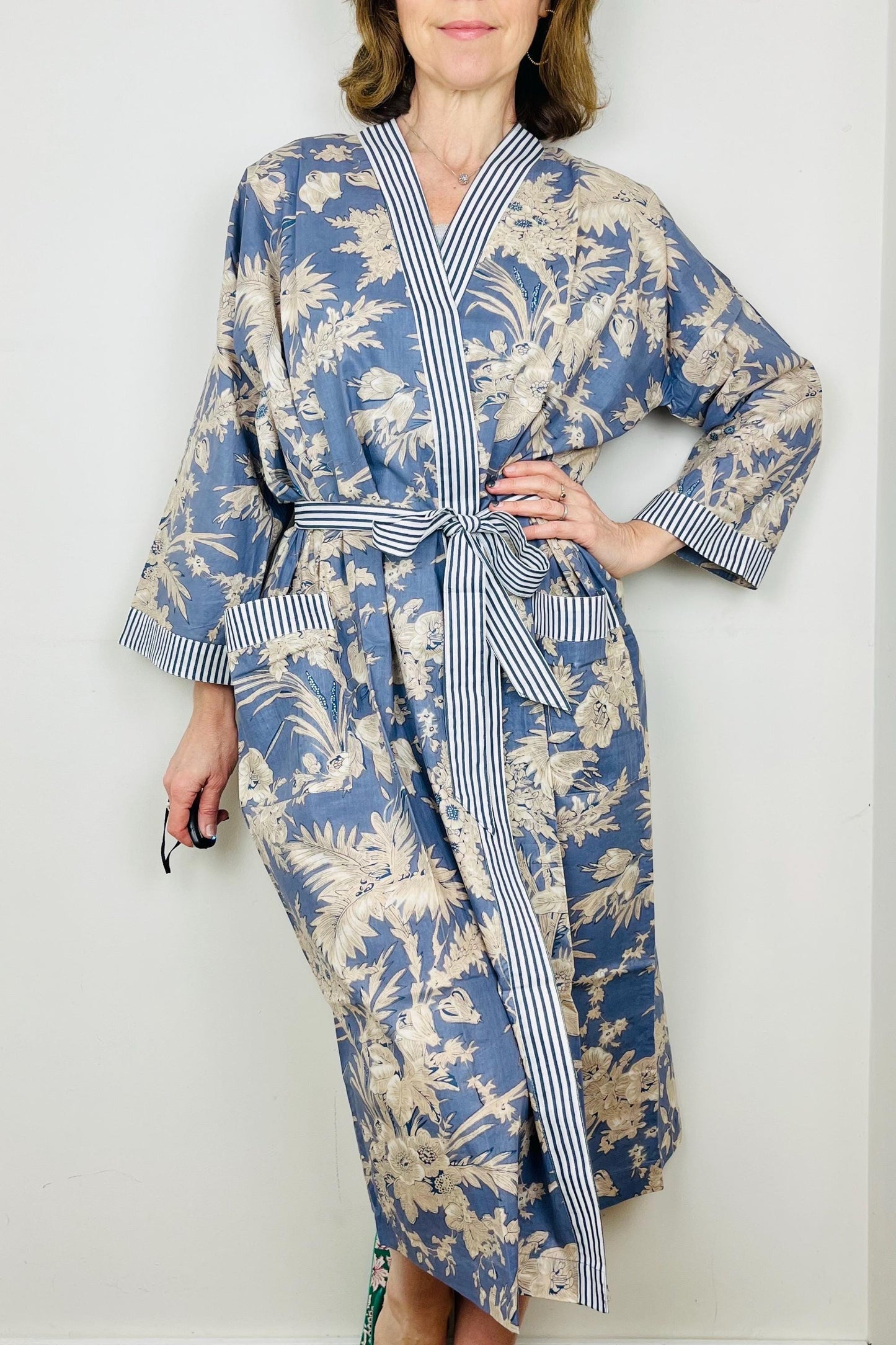 Cotton Kimono Robe | Plus Size Dressing Gown | Women's Loungewear | Beach Cover Up | Wedding Party Bridal Gift | Handmade For Her | Blue