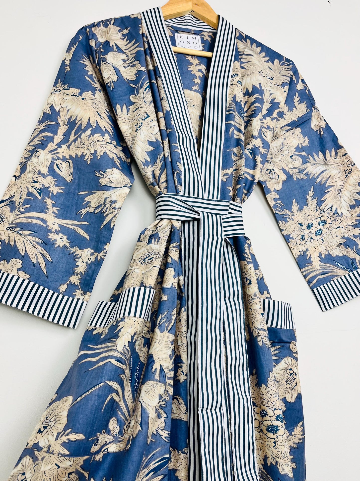 Cotton Kimono Robe | Plus Size Dressing Gown | Women's Loungewear | Beach Cover Up | Wedding Party Bridal Gift | Handmade For Her | Blue