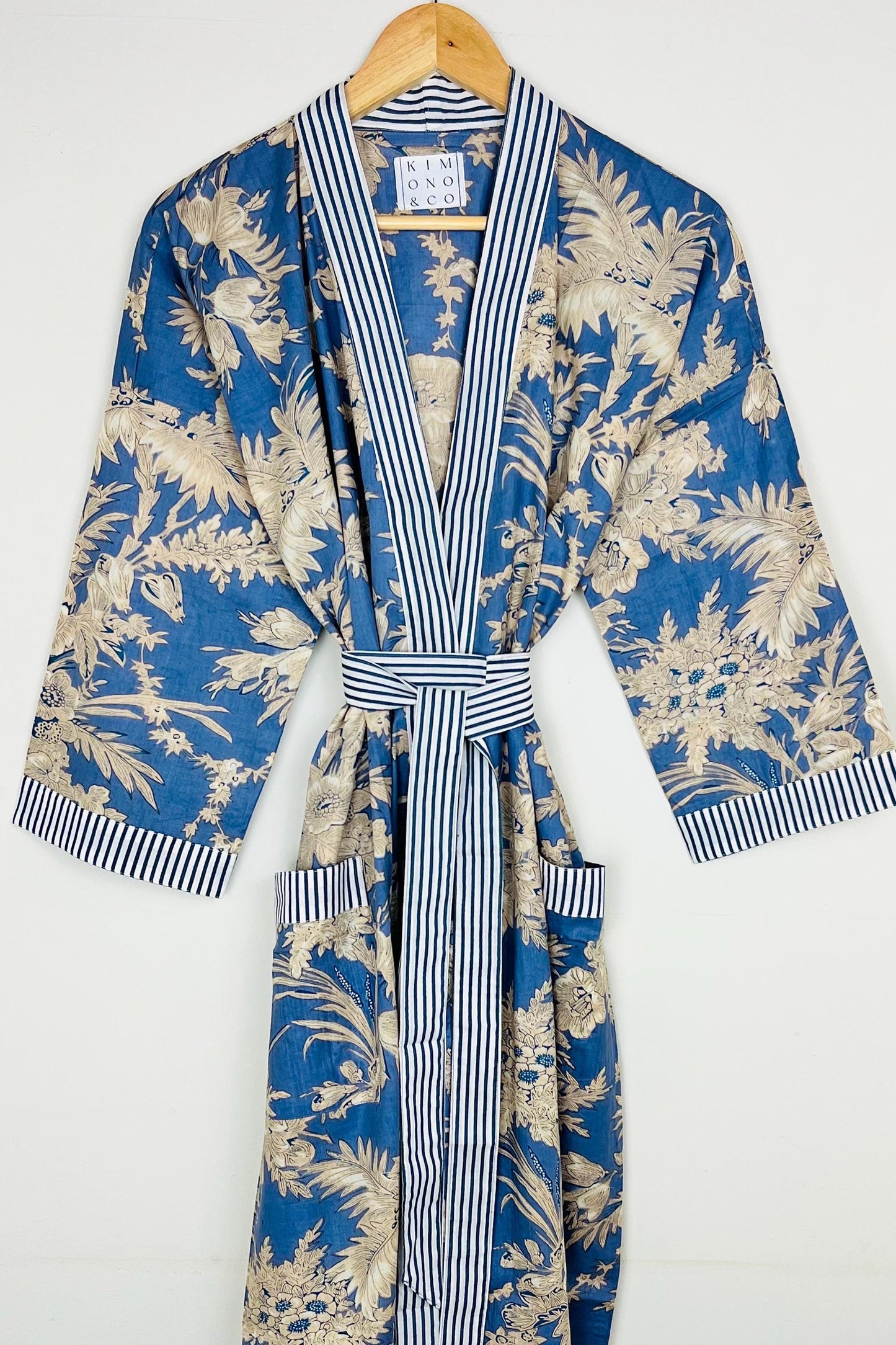 Cotton Kimono Robe | Plus Size Dressing Gown | Women's Loungewear | Beach Cover Up | Wedding Party Bridal Gift | Handmade For Her | Blue