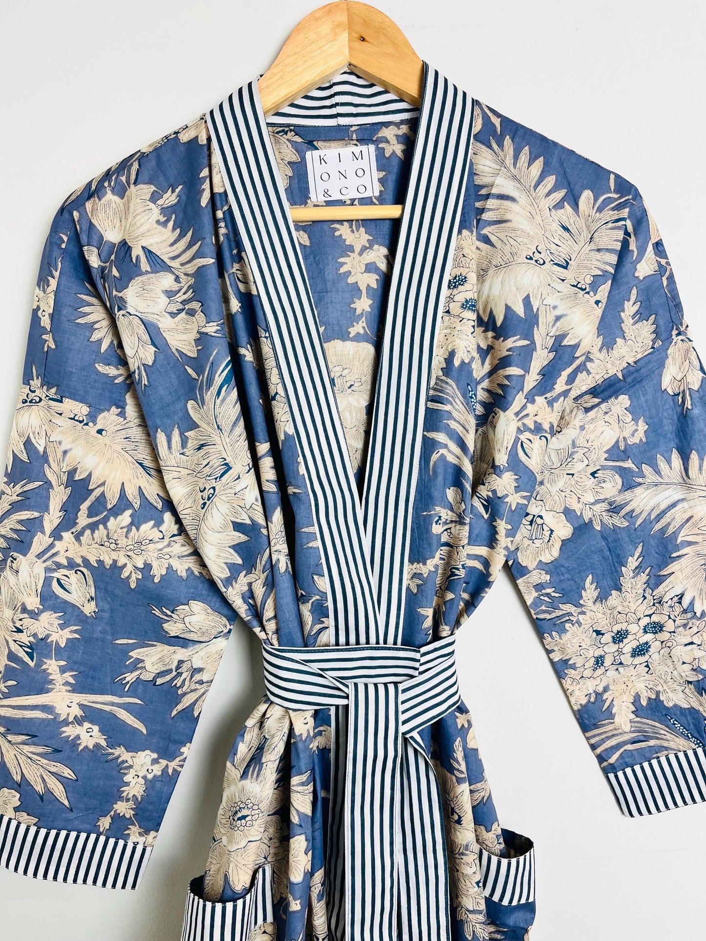 Cotton Kimono Robe | Plus Size Dressing Gown | Women's Loungewear | Beach Cover Up | Wedding Party Bridal Gift | Handmade For Her | Blue