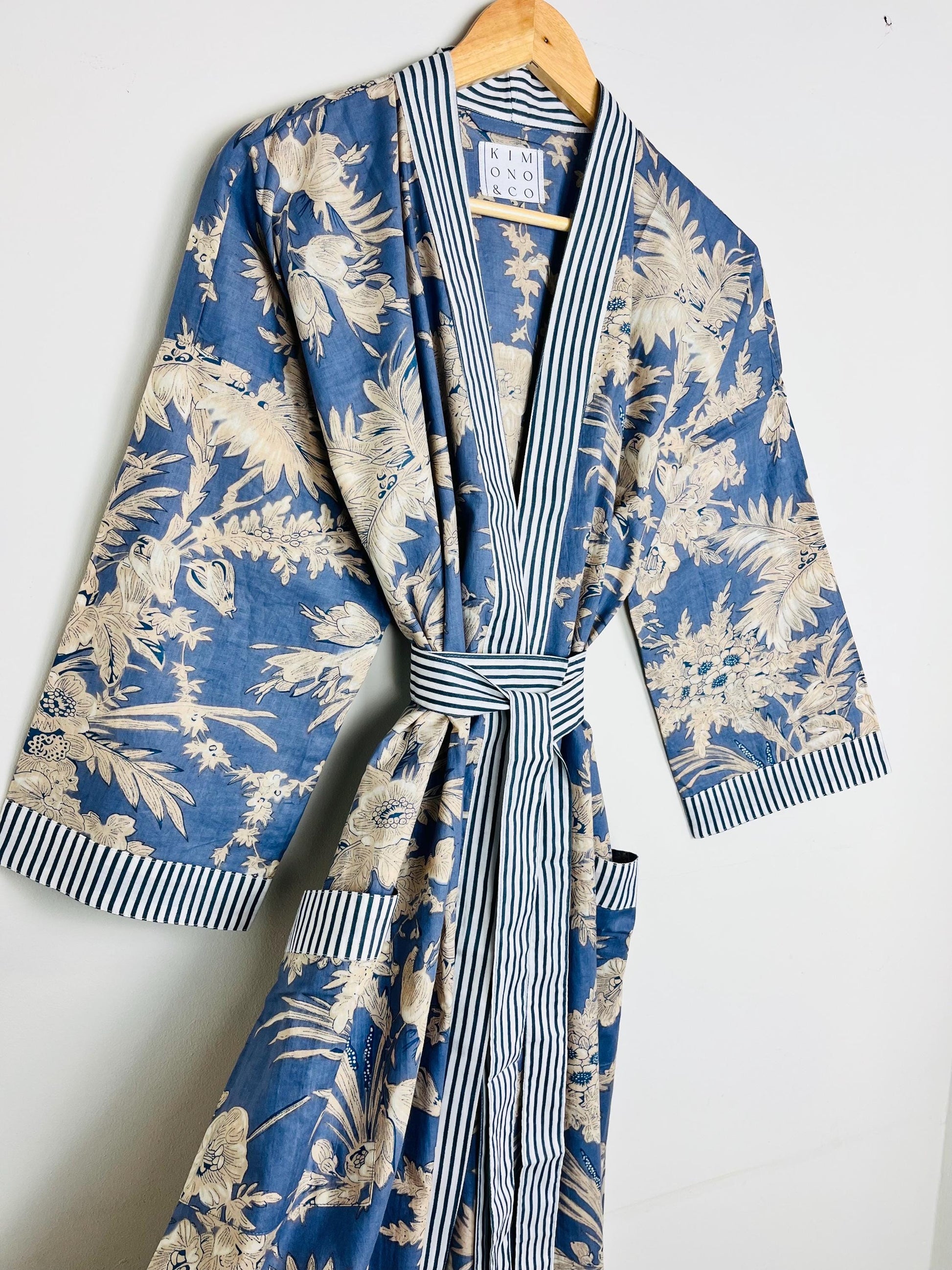 Cotton Kimono Robe | Plus Size Dressing Gown | Women's Loungewear | Beach Cover Up | Wedding Party Bridal Gift | Handmade For Her | Blue