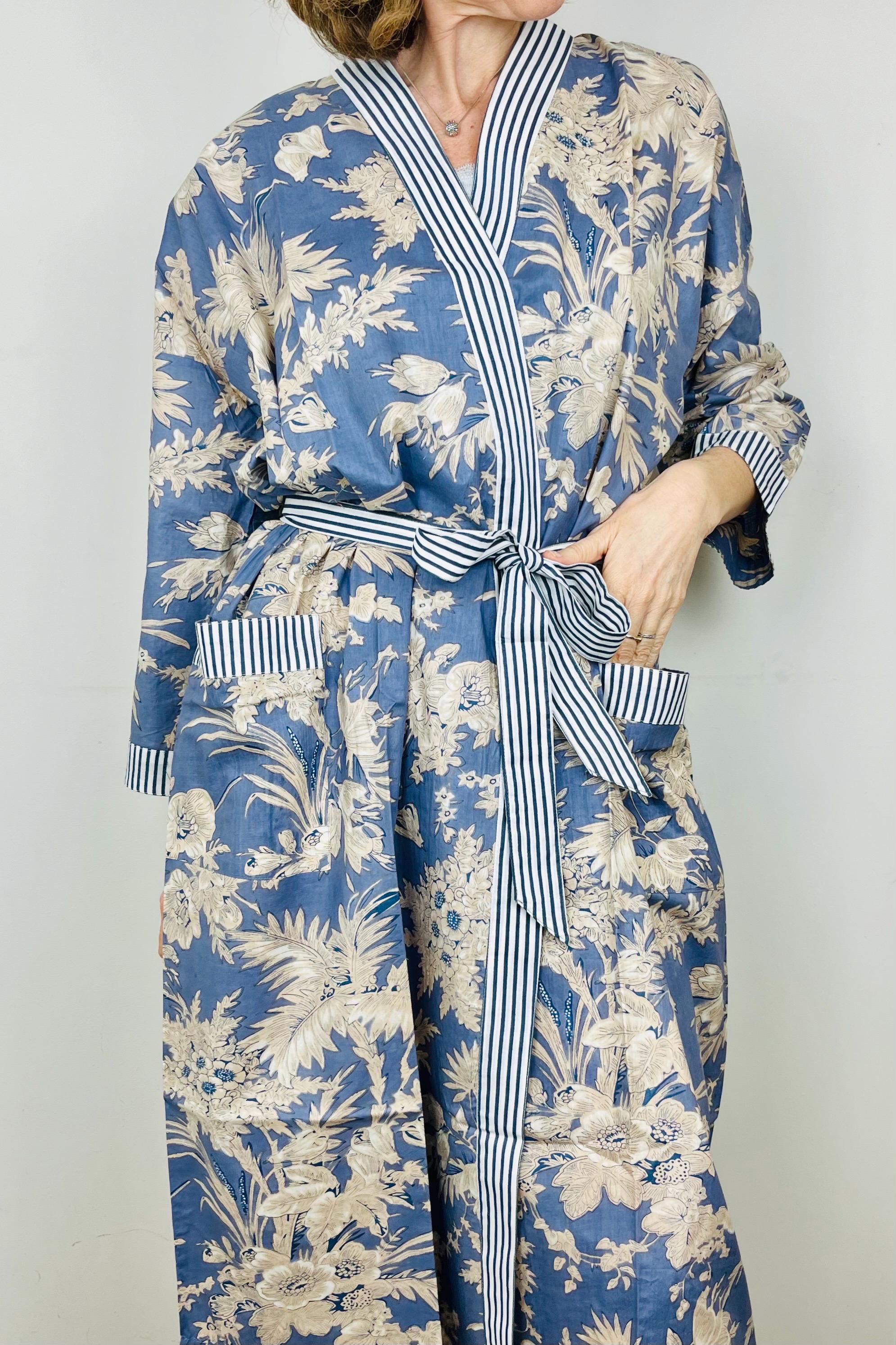 Cotton Kimono Robe | Plus Size Dressing Gown | Women's Loungewear | Beach Cover Up | Wedding Party Bridal Gift | Handmade For Her | Blue