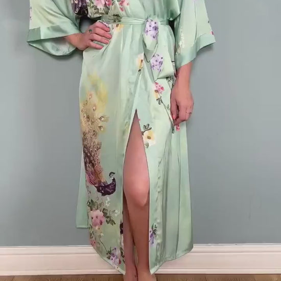 Kimono Robe, Japanese Dressing Gown, Luxury Satin Robe, Bridesmaid Robe, Womens Dressing Gown, Dressing Gown, Peacock Robe, Light Green
