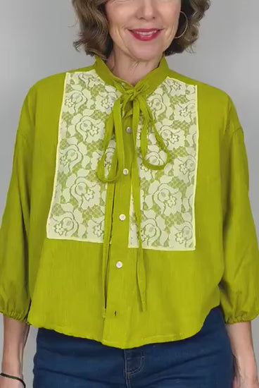 Reworked Vintage Blouse: Handmade Lace Bow Top, Sustainable Fashion