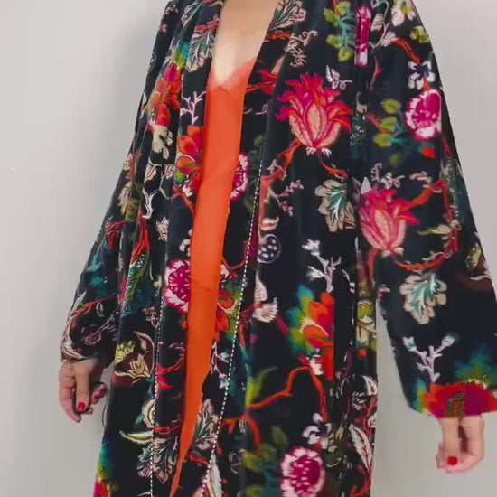Velvet Kimono Robe | Womens Cotton Lined Dressing Gown | Velour House Coat | Luxury Loungewear For Her | Black Evening Jacket | Handmade