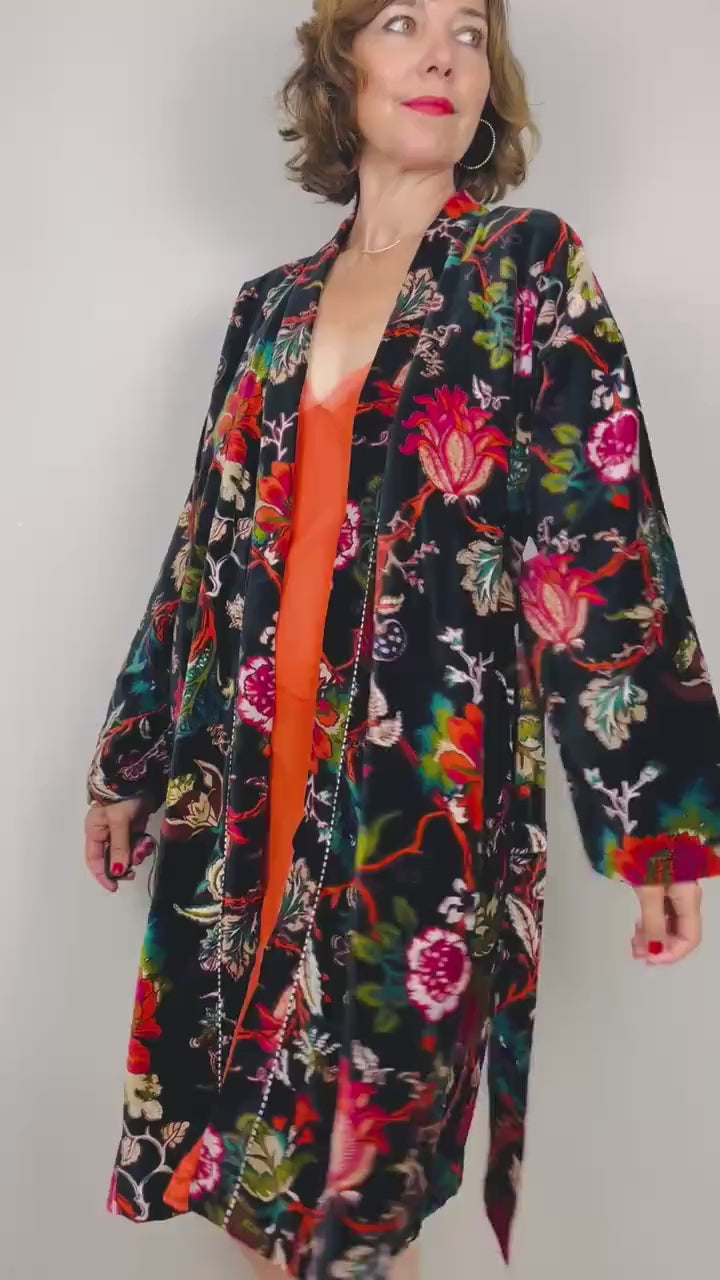 Velvet Kimono Robe | Womens Cotton Lined Dressing Gown | Velour House Coat | Luxury Loungewear For Her | Black Evening Jacket | Handmade