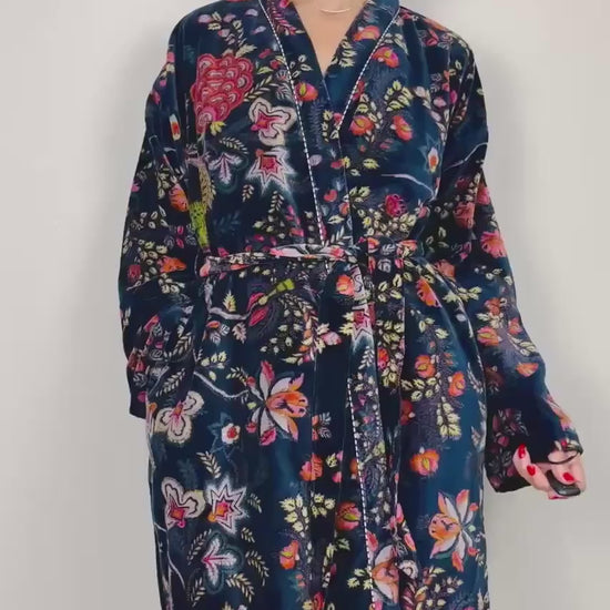 Velvet Kimono Robe | Womens Cotton Lined Dressing Gown | Velour House Coat | Luxury Loungewear For Her | Navy Blue Evening Jacket | Handmade