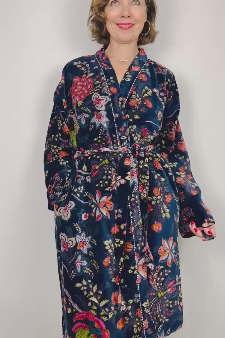 Velvet Kimono Robe | Womens Cotton Lined Dressing Gown | Velour House Coat | Luxury Loungewear For Her | Navy Blue Evening Jacket | Handmade