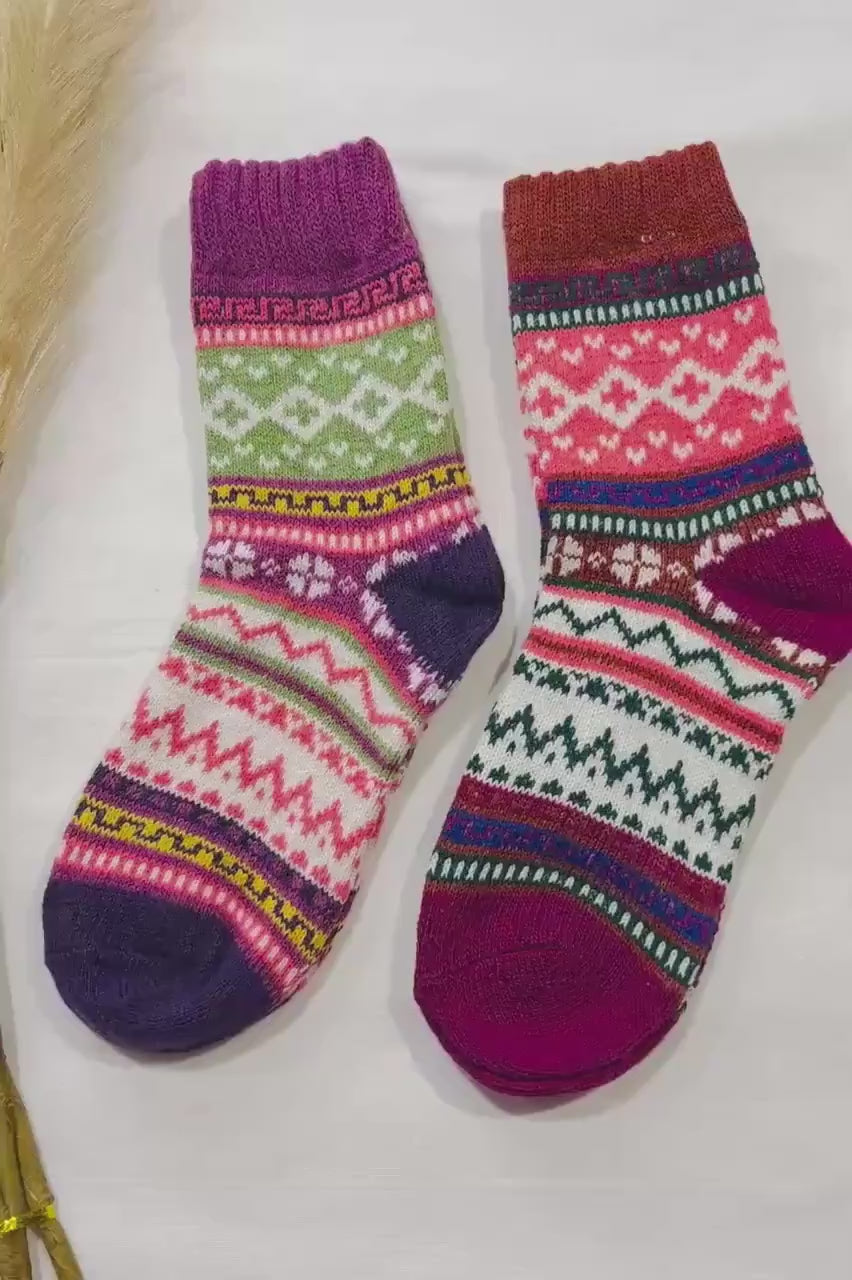 2 x Pairs Wool Socks for Her, Walking Socks, Funny Socks for her, Warm Woolen Socks for Women, Nordic Socks for her, Womens Walking Socks,