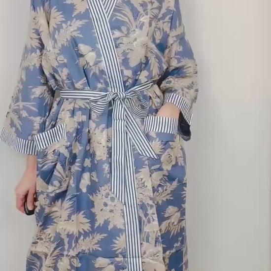 Cotton Kimono Robe | Plus Size Dressing Gown | Women's Loungewear | Beach Cover Up | Wedding Party Bridal Gift | Handmade For Her | Blue