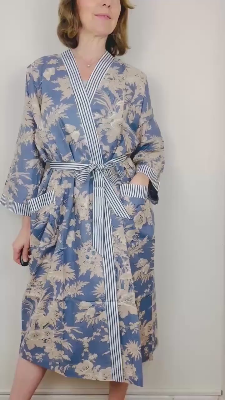 Cotton Kimono Robe | Plus Size Dressing Gown | Women's Loungewear | Beach Cover Up | Wedding Party Bridal Gift | Handmade For Her | Blue