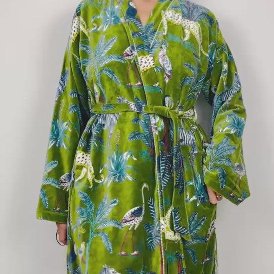 Velvet Kimono Robe | Womens Cotton Lined Dressing Gown | Velour House Coat | Luxury Loungewear For Her | Green Evening Jacket | Handmade