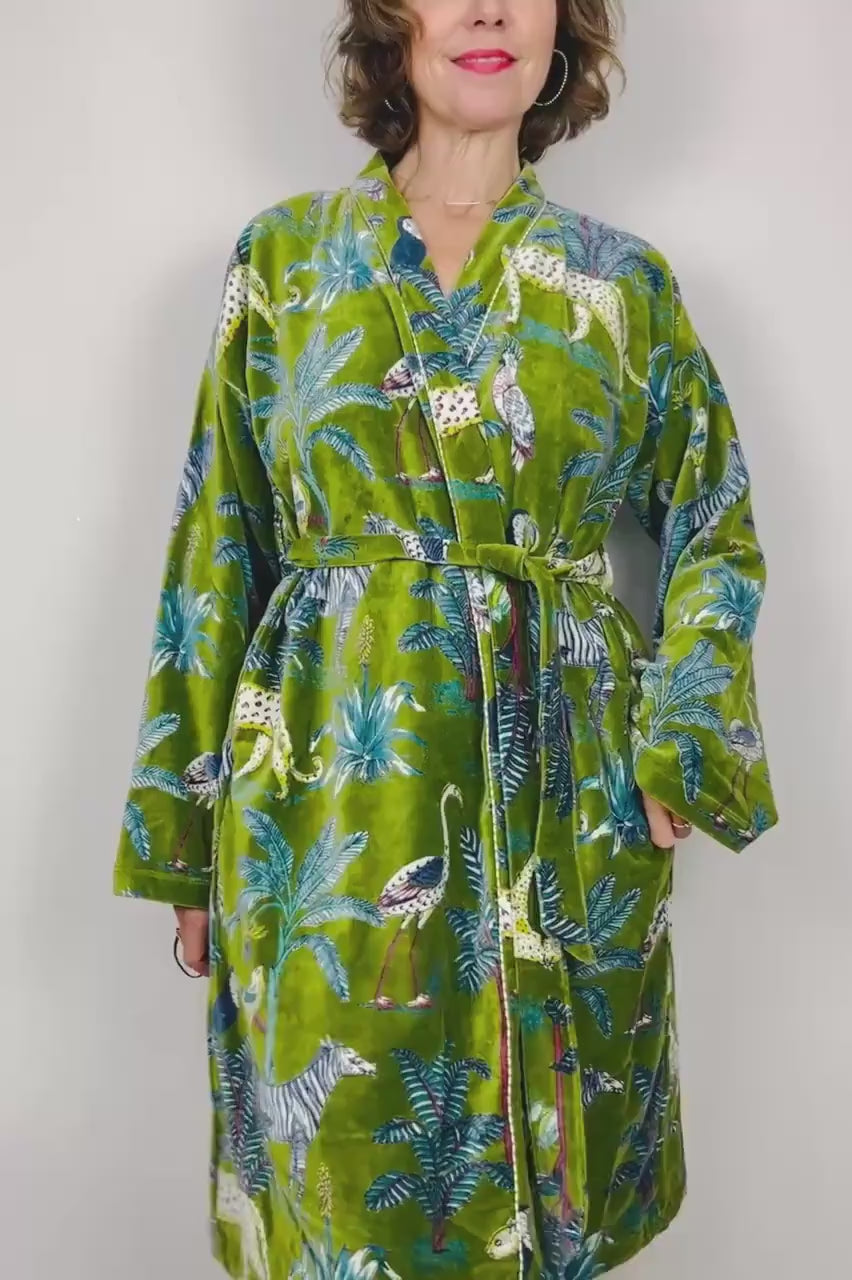 Velvet Kimono Robe | Womens Cotton Lined Dressing Gown | Velour House Coat | Luxury Loungewear For Her | Green Evening Jacket | Handmade