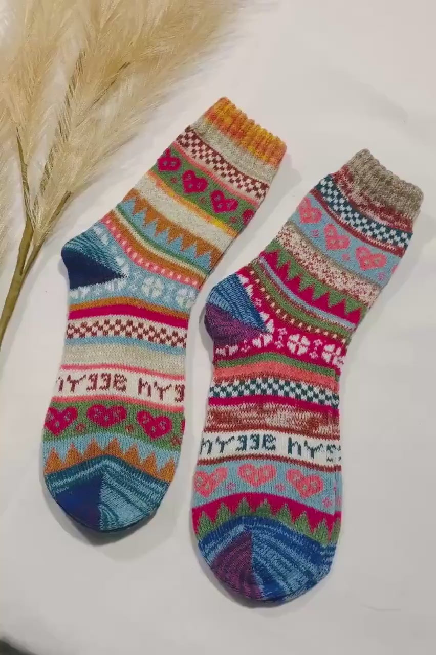 2 x Pairs Wool Socks for Her, Walking Socks, Funny Socks for her, Warm Woolen Socks for Women, Nordic Socks for her, Womens Walking Socks,
