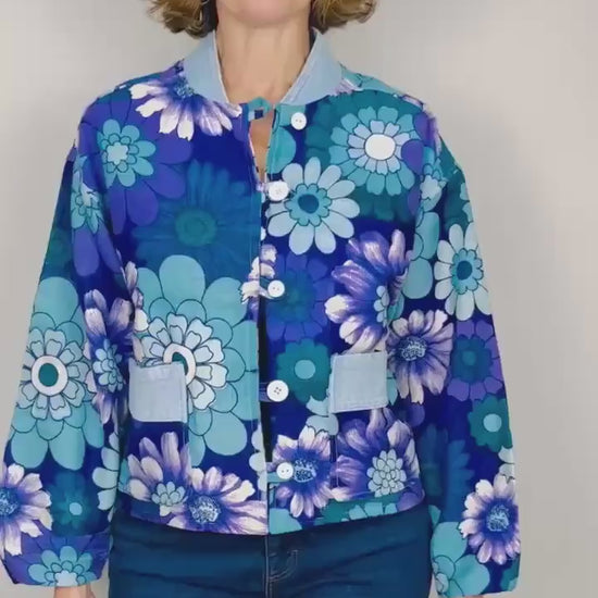 Handmade Womens Jacket | Vintage Fabric Redesigned Shacket | Upcycled Designer Rework | Unique 60’s Style | Flower Power Top