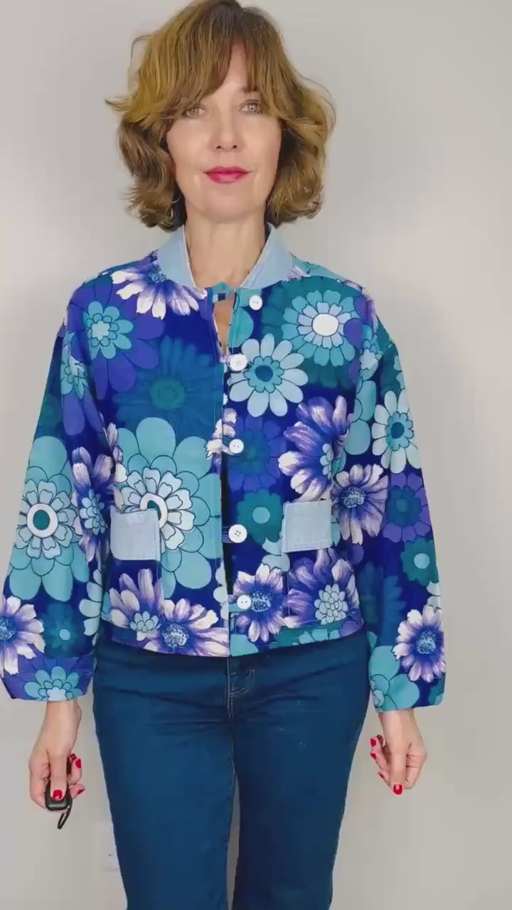 Handmade Womens Jacket | Vintage Fabric Redesigned Shacket | Upcycled Designer Rework | Unique 60’s Style | Flower Power Top