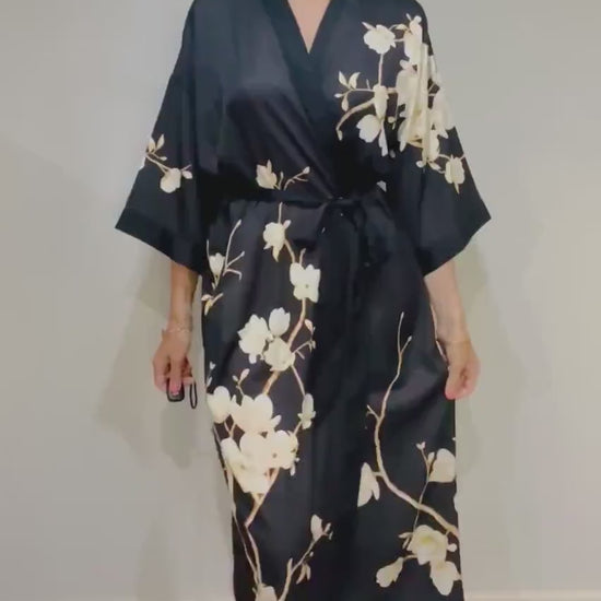 Kimono Robe, Japanese Dressing Gown, Luxury Satin Robe, Bridesmaid Robe, Womens Dressing Gown, Dressing Gown, Black Magnolia Flowers