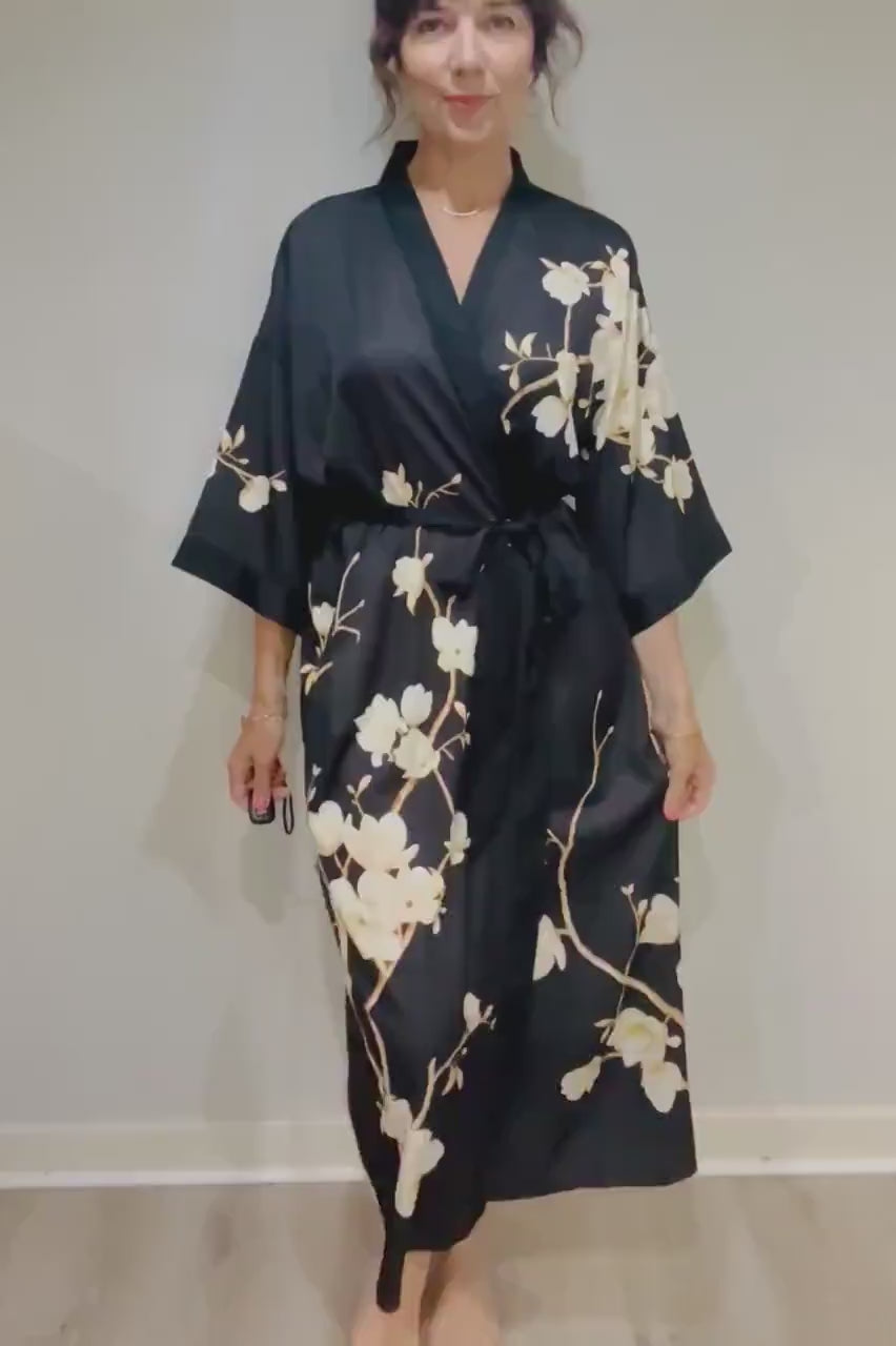 Kimono Robe, Japanese Dressing Gown, Luxury Satin Robe, Bridesmaid Robe, Womens Dressing Gown, Dressing Gown, Black Magnolia Flowers