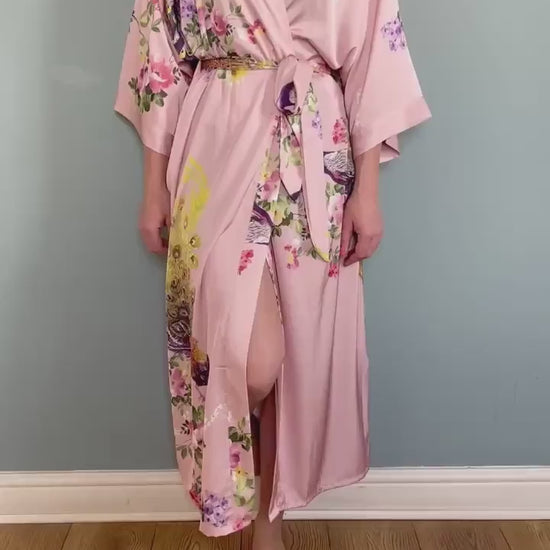 Kimono Robe, Womens Dressing Gown, Luxury Satin Robe, Bridesmaid Robe, Womens Dressing Gown, Dressing Gown, Peacock Robe, Pink Kimono Robe