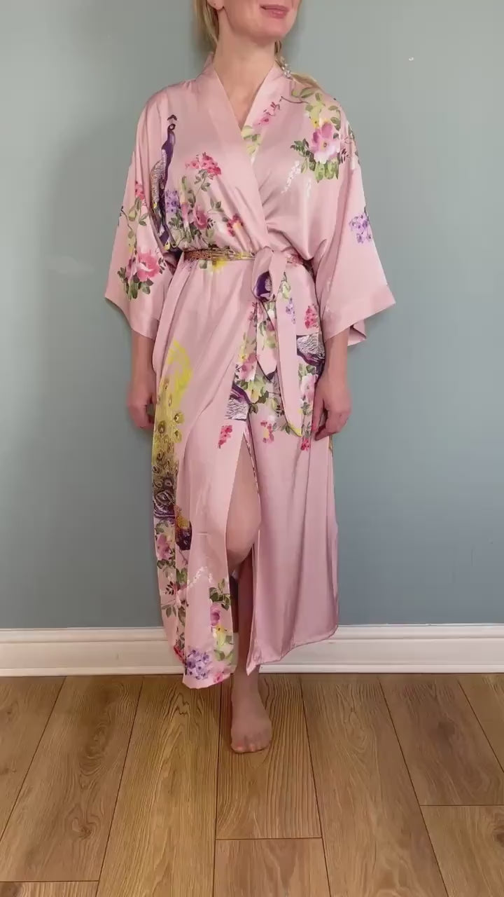 Kimono Robe, Womens Dressing Gown, Luxury Satin Robe, Bridesmaid Robe, Womens Dressing Gown, Dressing Gown, Peacock Robe, Pink Kimono Robe