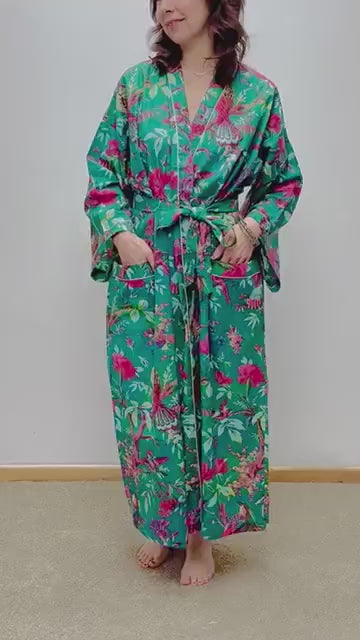 Kimono Robe, Dressing Gown Women, Brides Robe, Womens Dressing Gown, Cotton Dressing Gown, Plus Kimono, Tropical Green Kimono Robe,