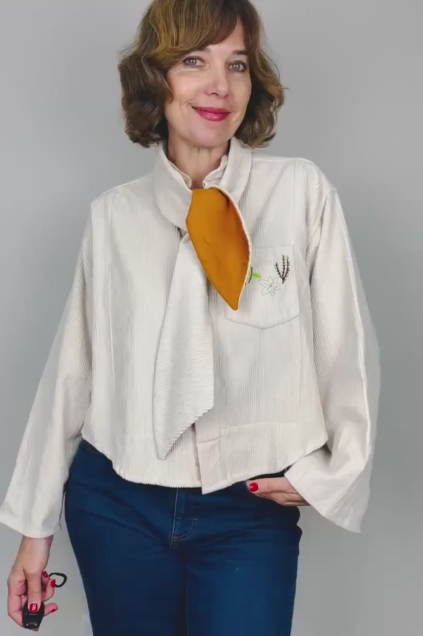 Handmade Womens Jacket | Vintage Fabric Redesigned Shacket | Upcycled Designer Rework | Corduroy Shirt | Cream