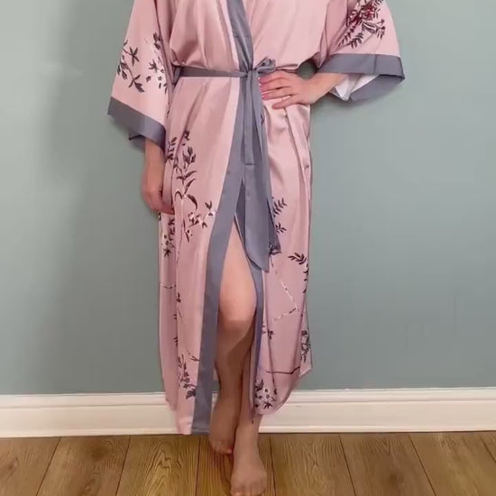 Kimono Robe, Dressing Gown, Luxury Wedding Robe, Bridesmaid Robe, Womens Dressing Gown, Dressing Gown, Summer Robe, Pink Floral Satin