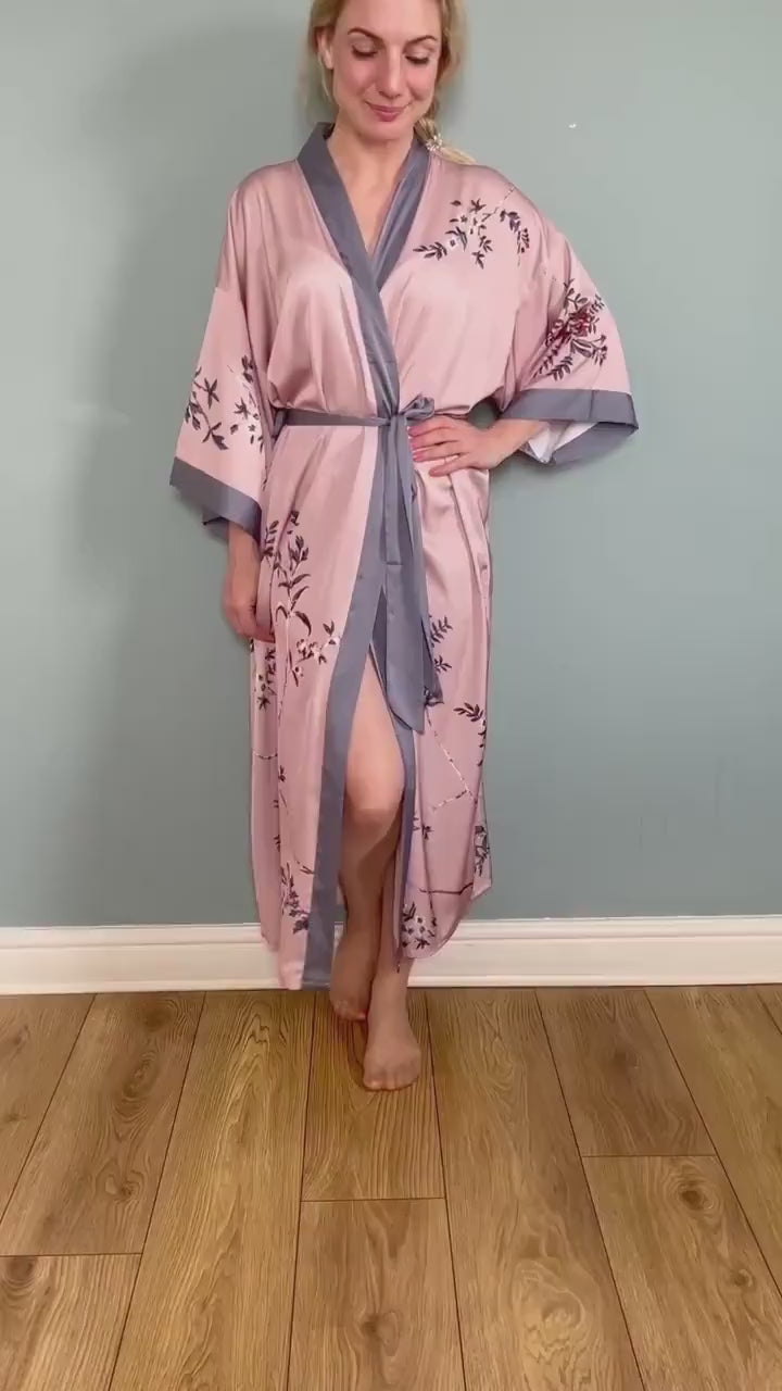 Kimono Robe, Dressing Gown, Luxury Wedding Robe, Bridesmaid Robe, Womens Dressing Gown, Dressing Gown, Summer Robe, Pink Floral Satin