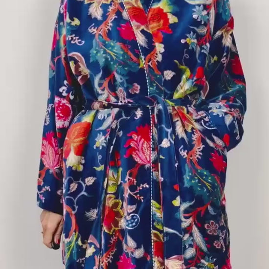 Velvet Kimono Robe | Womens Cotton Lined Dressing Gown | Velour House Coat | Luxury Loungewear For Her | Navy Blue Evening Jacket | Handmade