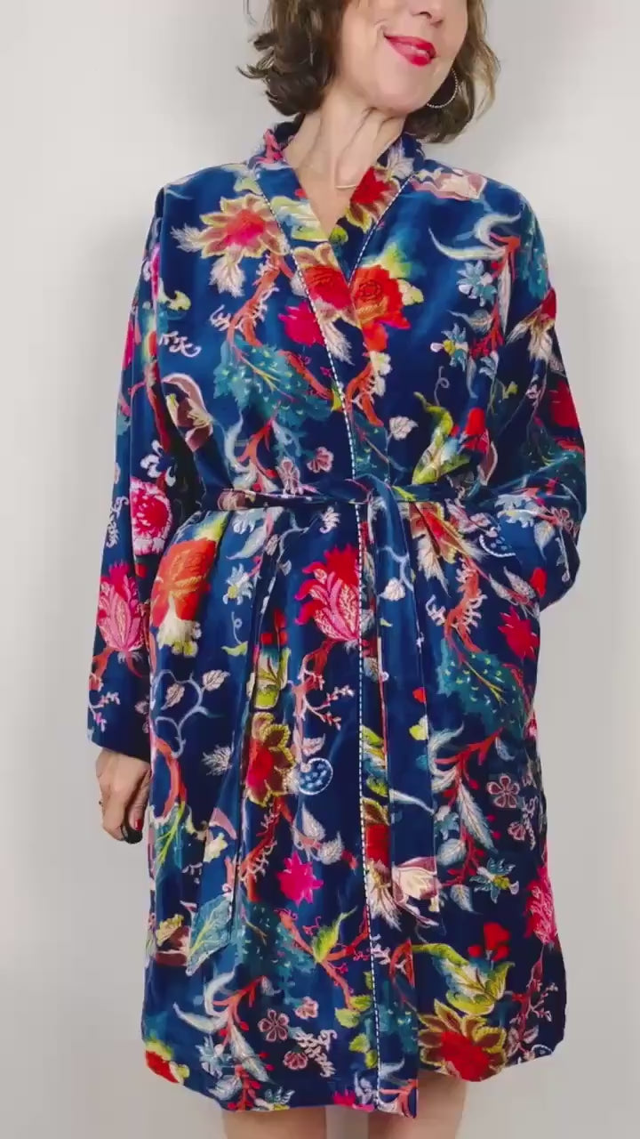 Velvet Kimono Robe | Womens Cotton Lined Dressing Gown | Velour House Coat | Luxury Loungewear For Her | Navy Blue Evening Jacket | Handmade