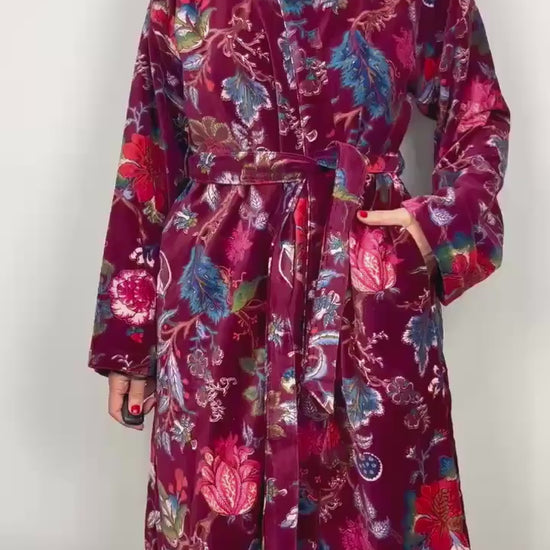 Velvet Kimono Robe | Womens Cotton Lined Dressing Gown | Velour House Coat | Luxury Loungewear For Her | Burgundy Evening Jacket | Handmade